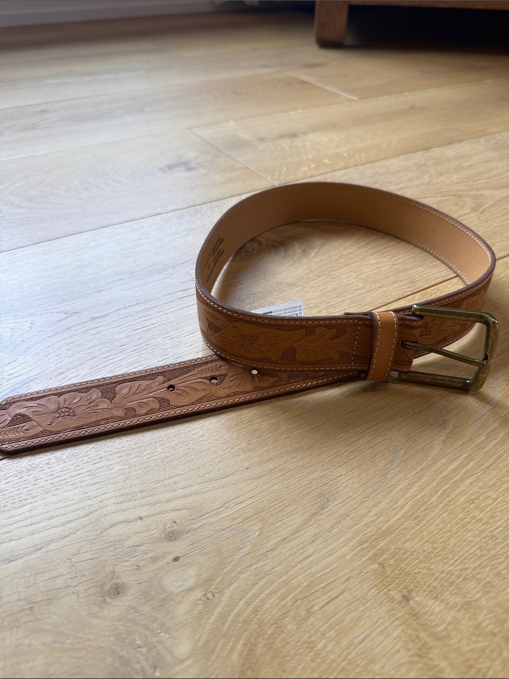 American Eagle Outfitters Tooled Brown Leather Belt with Brass Buckle